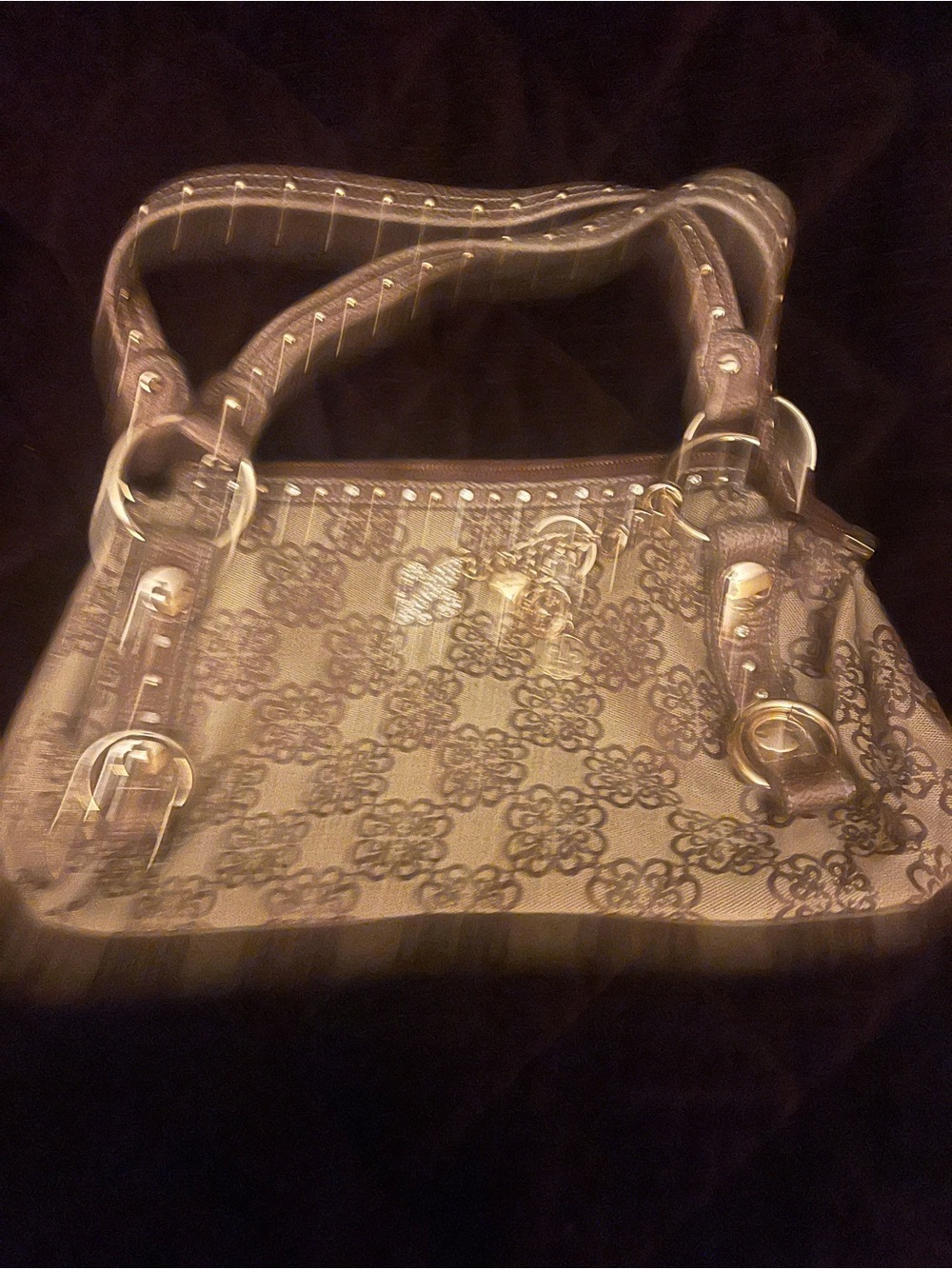 Kathy Van Zeeland Taupe Floral Logo Shoulder Bag with Studded Straps